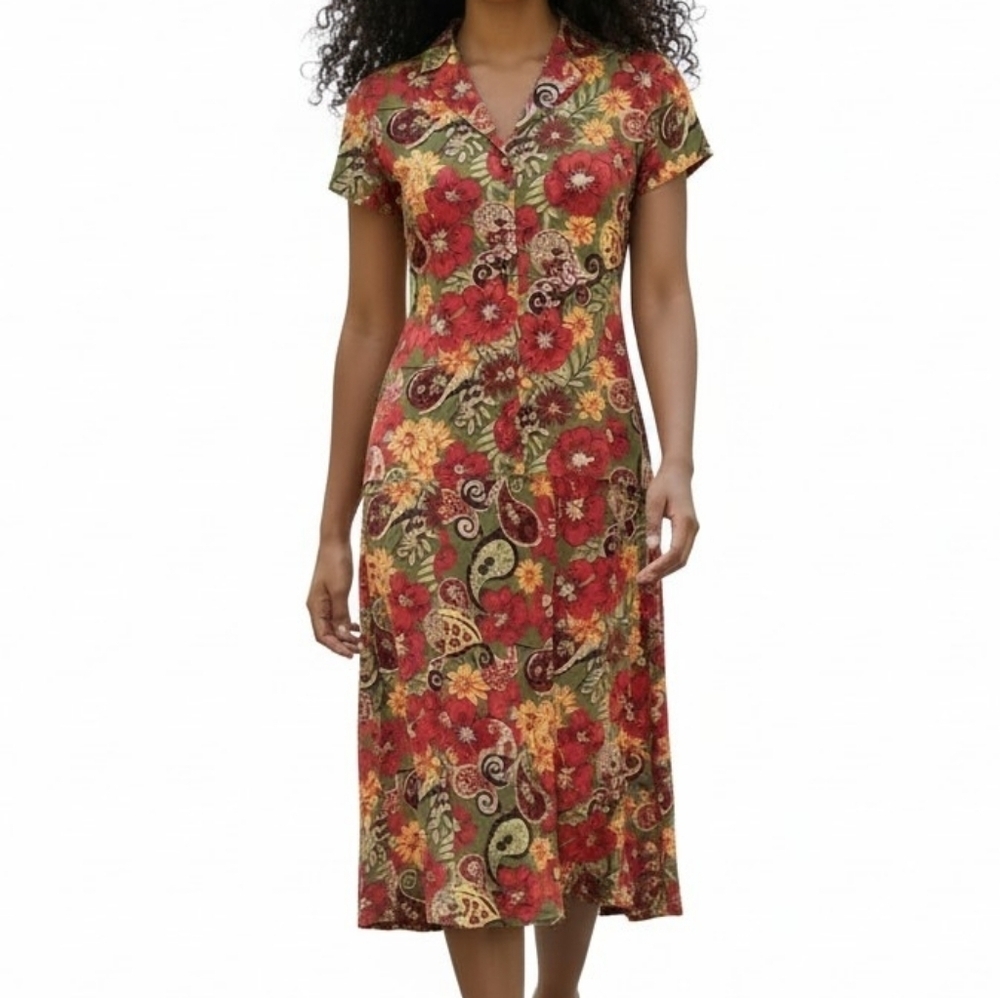 Sag Harbor Midi Skirt Suit Size 12P Floral Paisley Short Sleeve Collar Blouse